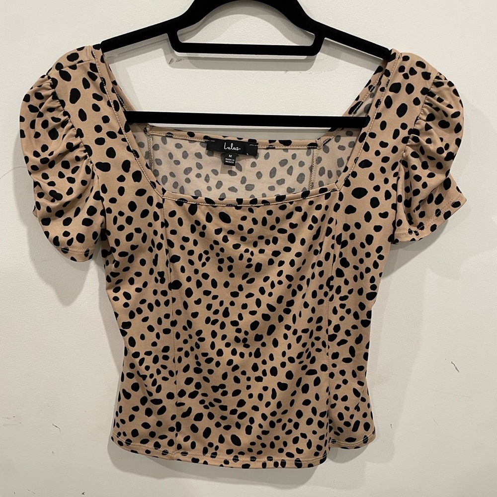Tan Dot Print Puff Sleeve Top